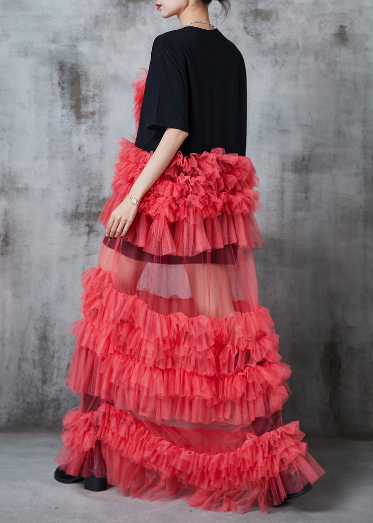 Beautiful Black Ruffled Patchwork Tulle Long Dress Summer