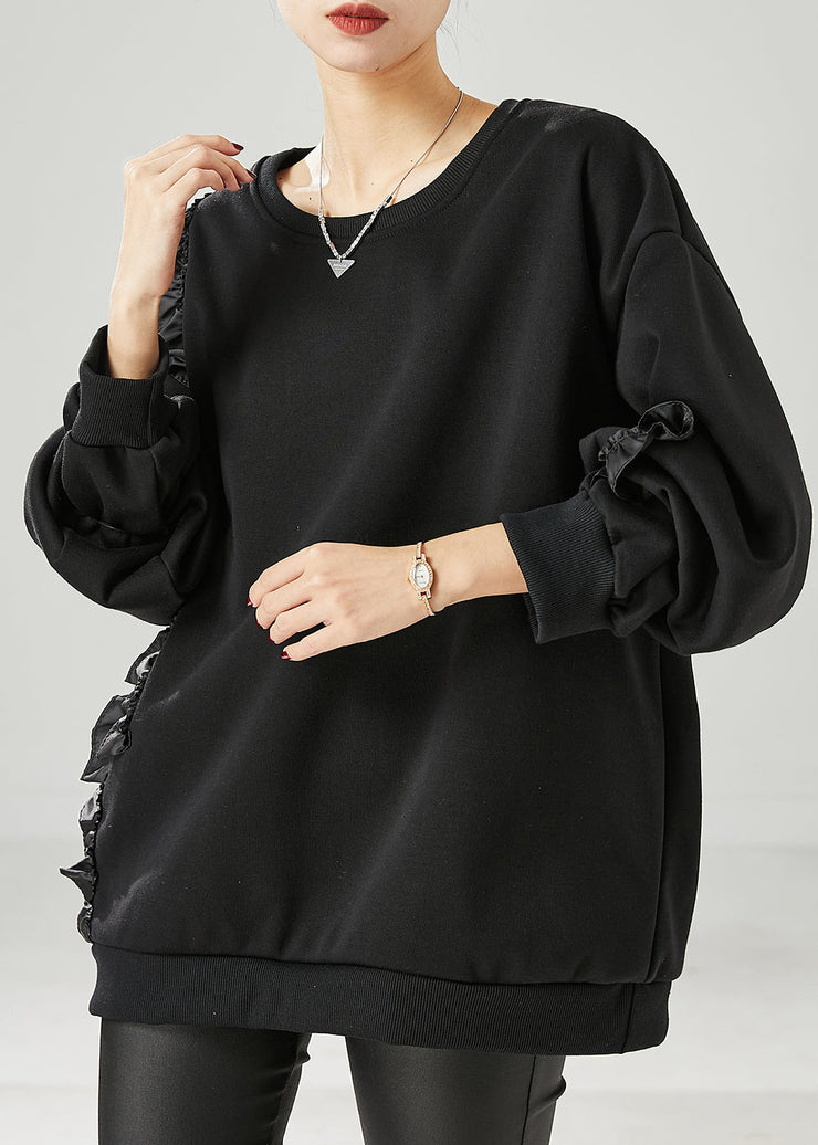 Beautiful Black Ruffled Patchwork Warm Fleece Sweatshirts Top Spring