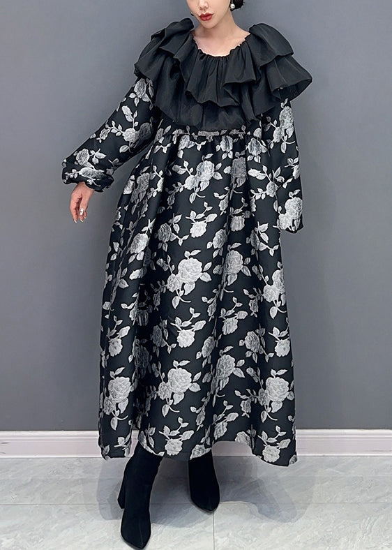 Beautiful Black Ruffled Print Patchwork Cotton Long Dress Fall