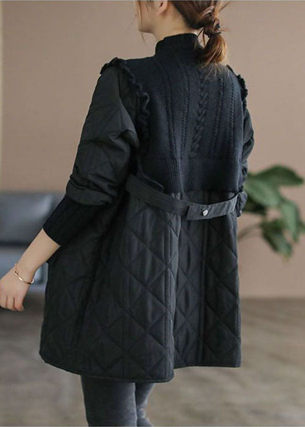 Beautiful Black Stand Collar Knit Patchwork Fine Cotton Filled Winter Coats