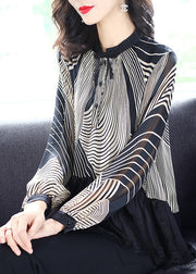 Beautiful Black Stand Collar Patchwork Striped Button Chiffon Shirts Long Sleeve