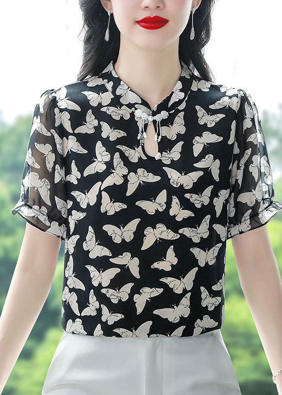 Beautiful Black Stand Collar Print Chiffon Shirts Summer