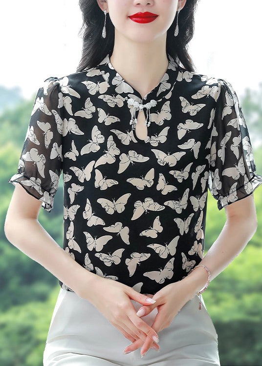 Beautiful Black Stand Collar Print Chiffon Shirts Summer