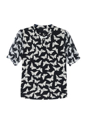 Beautiful Black Stand Collar Print Chiffon Shirts Summer
