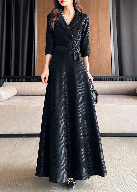 Beautiful Black Striped Patchwork Tie Waist Silk A line Long Dresses Half Sleeve