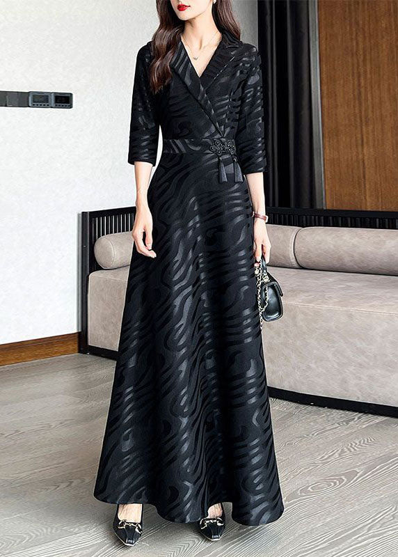 Beautiful Black Striped Patchwork Tie Waist Silk A line Long Dresses Half Sleeve