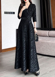 Beautiful Black Striped Patchwork Tie Waist Silk A line Long Dresses Half Sleeve