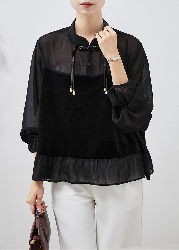 Beautiful Black Tasseled Patchwork Chiffon Shirts Spring