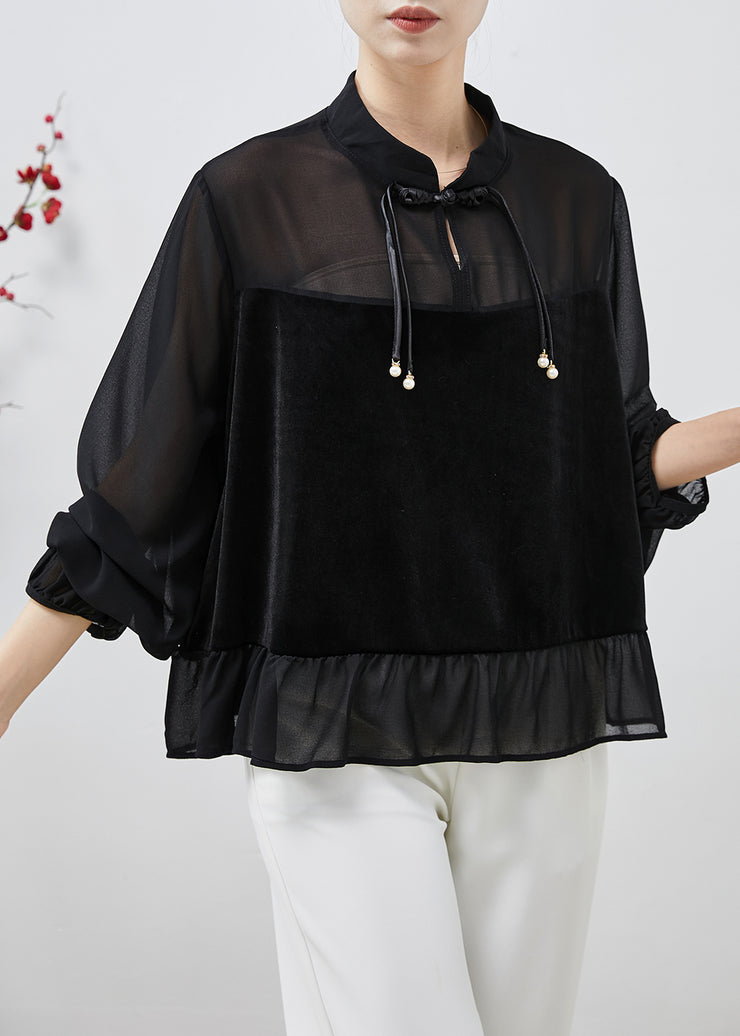 Beautiful Black Tasseled Patchwork Chiffon Shirts Spring