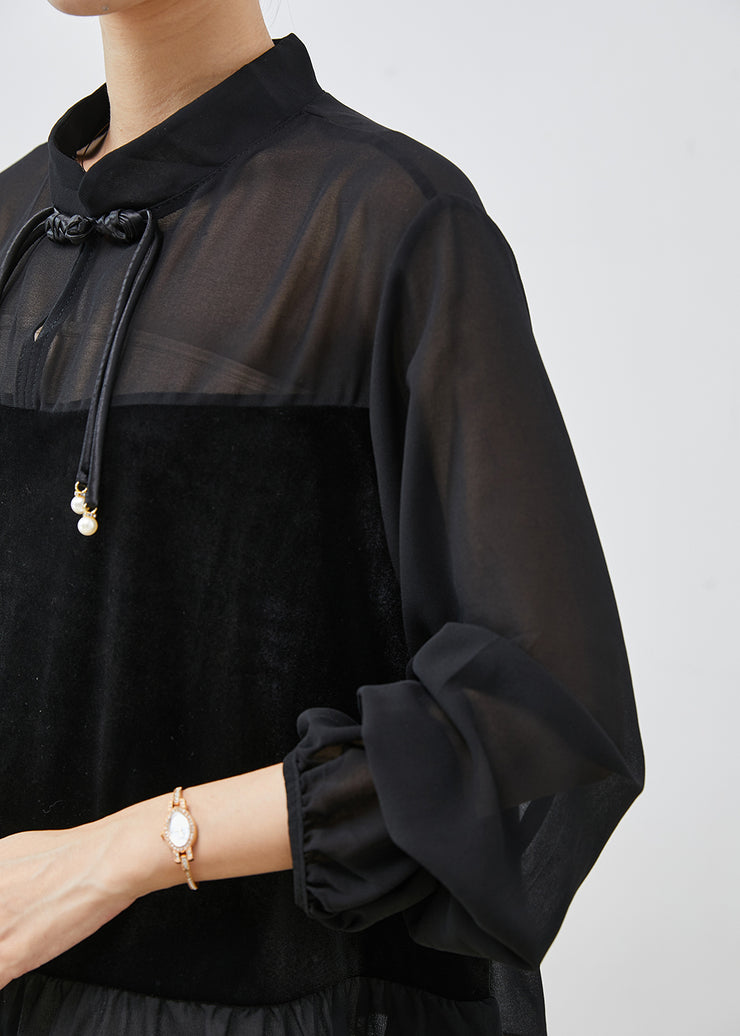 Beautiful Black Tasseled Patchwork Chiffon Shirts Spring