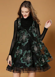 Beautiful Black Turtle Neck Embroideried Organza Two-Piece Set Spring