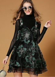 Beautiful Black Turtle Neck Embroideried Organza Two-Piece Set Spring