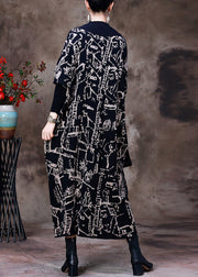 Beautiful Black Turtleneck Print Knit Patchwork Long Dress Long Sleeve