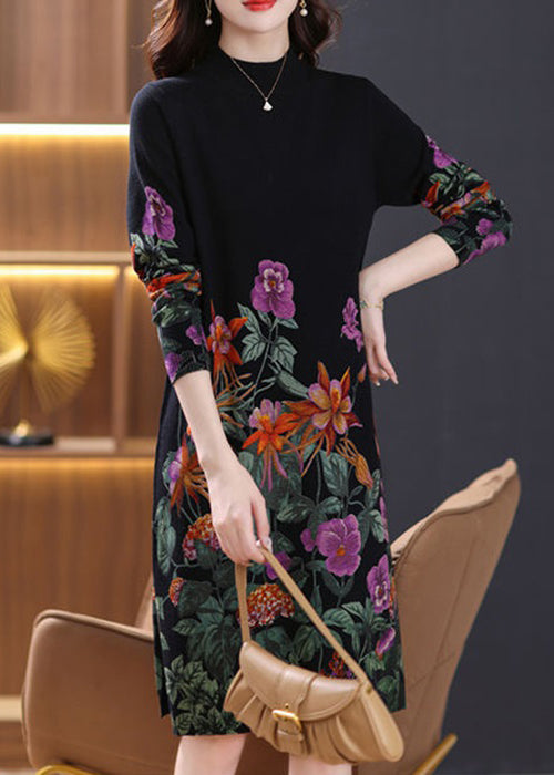 Beautiful Black Turtleneck Print Wool Knit Dress Long Sleeve