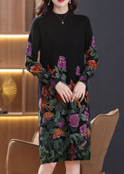 Beautiful Black Turtleneck Print Wool Knit Dress Long Sleeve