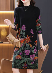 Beautiful Black Turtleneck Print Wool Knit Dress Long Sleeve