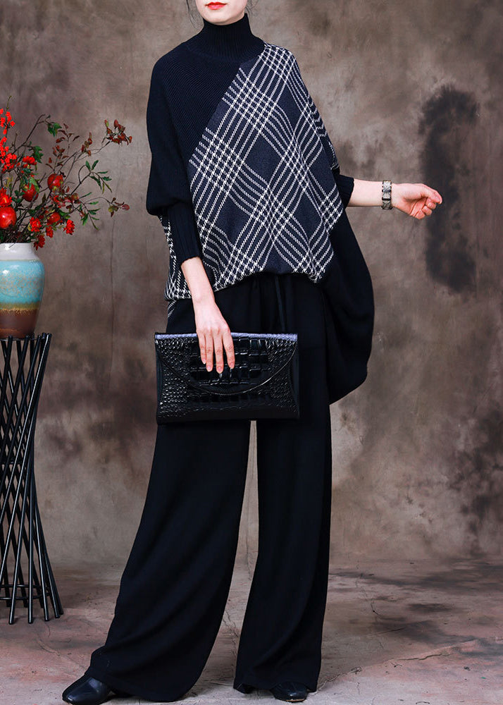 Beautiful Black Turtleneck Striped Plaid Patchwork Knit Sweaters And Wide Leg Pants Two Piece Set Fall