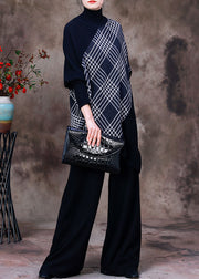 Beautiful Black Turtleneck Striped Plaid Patchwork Knit Sweaters And Wide Leg Pants Two Piece Set Fall