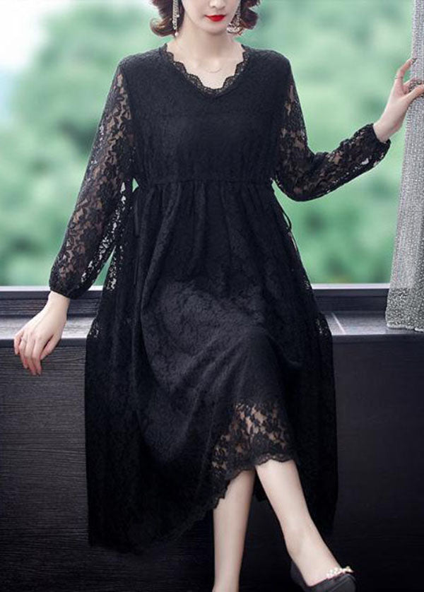 Beautiful Black V Neck Hollow Out Exra Large Hem Lace Maxi Dresses Spring