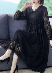 Beautiful Black V Neck Hollow Out Exra Large Hem Lace Maxi Dresses Spring