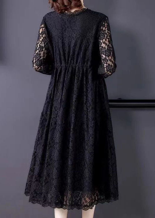 Beautiful Black V Neck Hollow Out Exra Large Hem Lace Maxi Dresses Spring