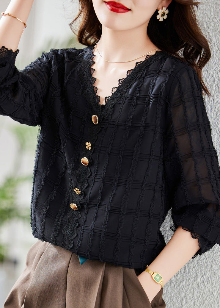 Beautiful Black V Neck Lace Patchwork Chiffon Shirt Top Fall