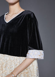 Beautiful Black V Neck Patchwork Lace Silk Velvet Long Dresses Half Sleeve