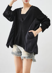 Beautiful Black V Neck Patchwork Wrinkled Knit Tops Batwing Sleeve