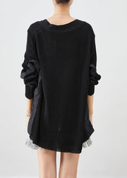 Beautiful Black V Neck Patchwork Wrinkled Knit Tops Batwing Sleeve