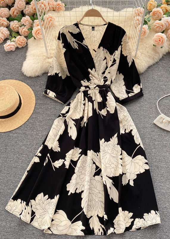 Beautiful Black V Neck Print Chiffon Dresses Half Sleeve