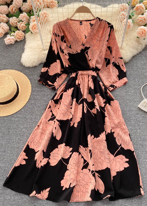 Beautiful Black V Neck Print Chiffon Dresses Half Sleeve