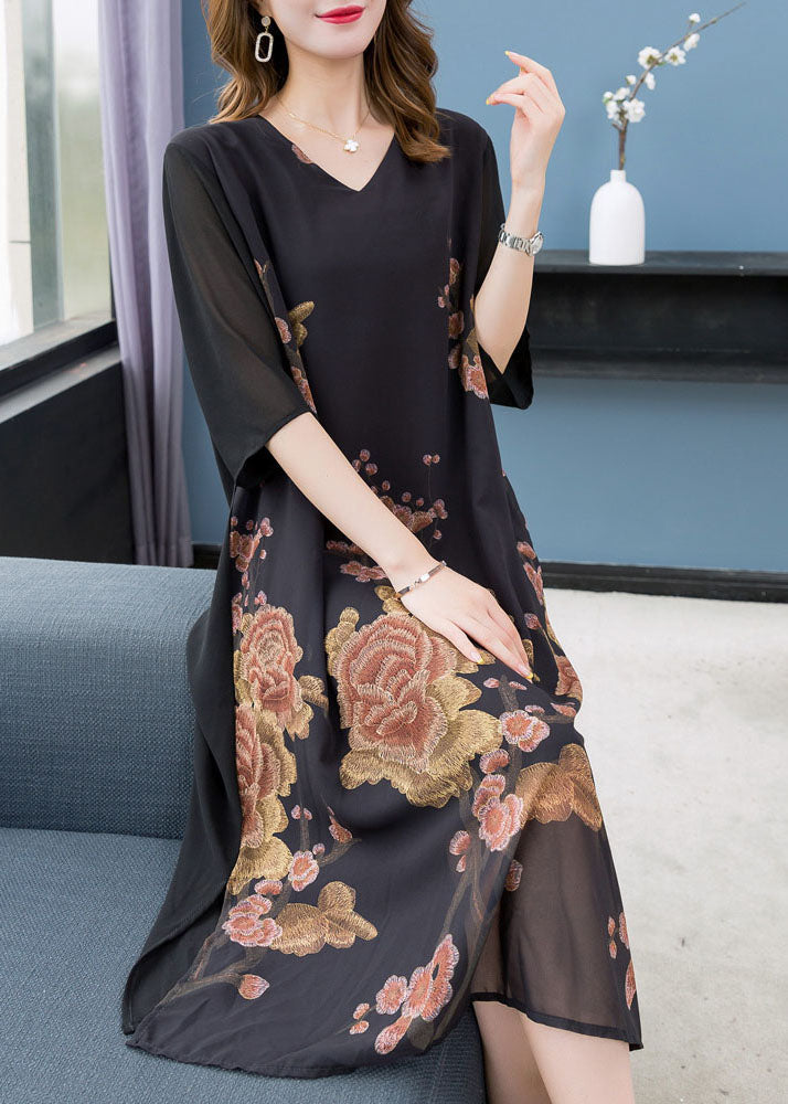 Beautiful Black V Neck Print Patchwork Chiffon Dress Summer