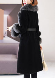 Beautiful Black V Neck Tie Waist Fuzzy Fur Long Coat Winter