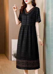 Beautiful Black V Neck Wrinkled Silk Long Dress Summer