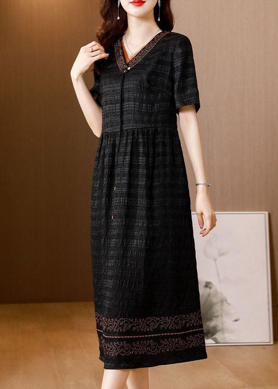 Beautiful Black V Neck Wrinkled Silk Long Dress Summer