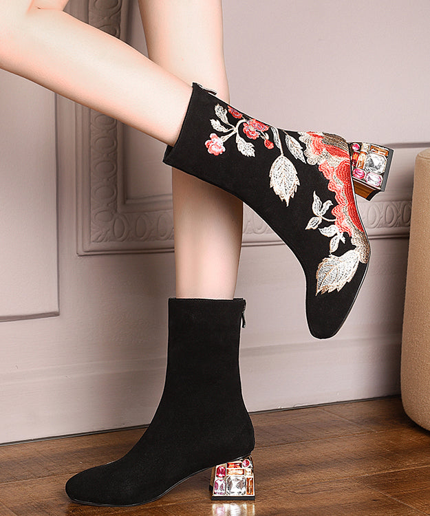 Beautiful Black Zircon Embroidered Suede Chunky Boots