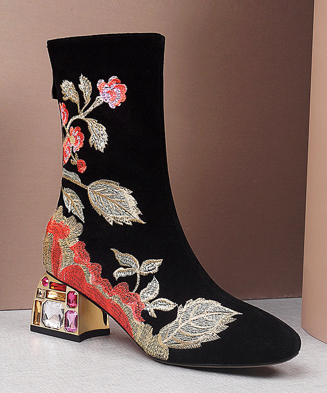 Beautiful Black Zircon Embroidered Suede Chunky Boots