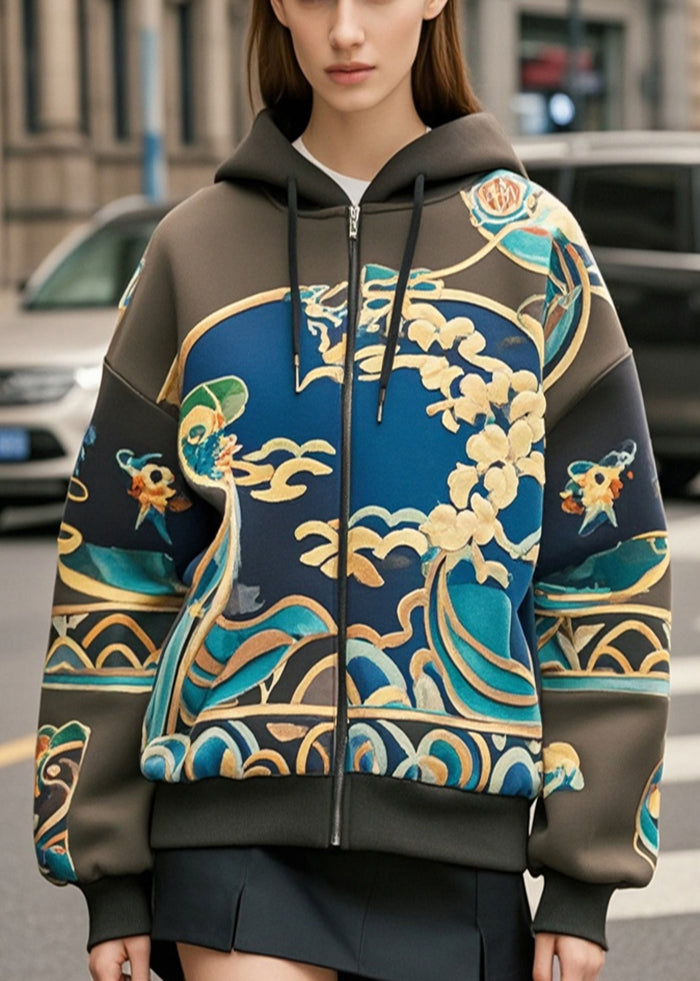 Beautiful Blackish Green Oversized Print Cotton Hoodie Coat Fall