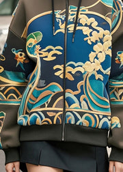 Beautiful Blackish Green Oversized Print Cotton Hoodie Coat Fall