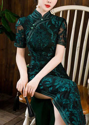 Beautiful Blackish Green Stand Collar Side Open Silk Dress Short Sleeve