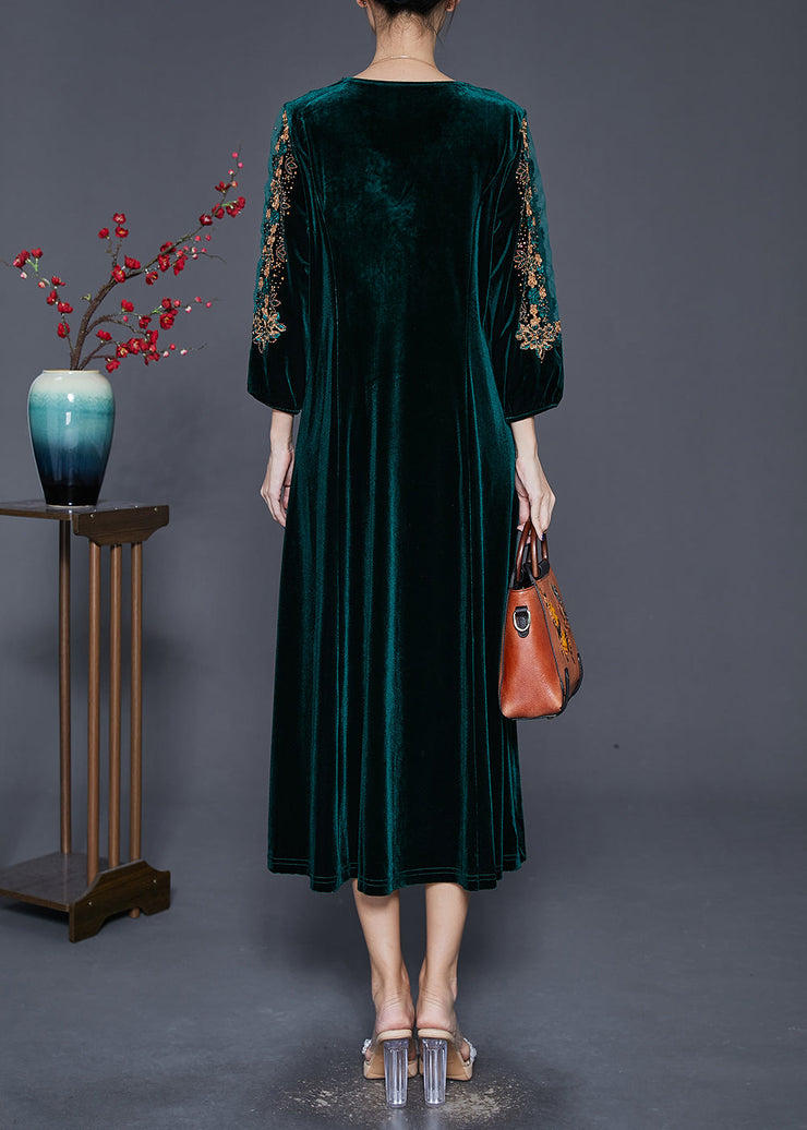 Beautiful Blackish Green V Neck Zircon Silk Velour Maxi Dresses Fall