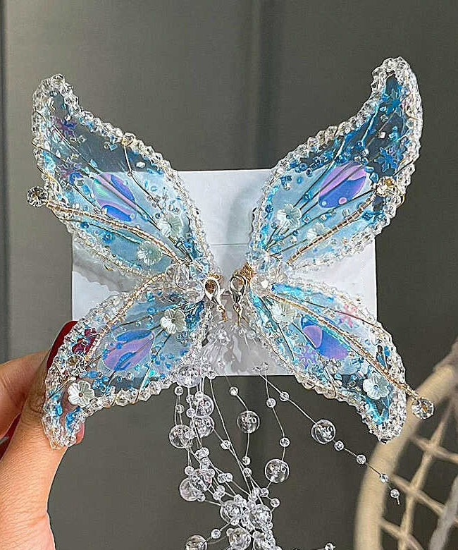 Beautiful Blue Acrylic Butterfly Crystal Tassel Girls Hairpin