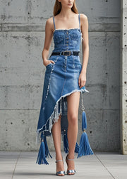 Beautiful Blue Asymmetrical Tasseled Denim Skirts Spring