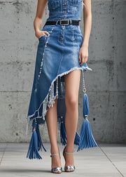 Beautiful Blue Asymmetrical Tasseled Denim Skirts Fall