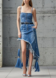 Beautiful Blue Asymmetrical Tasseled Denim Skirts Fall