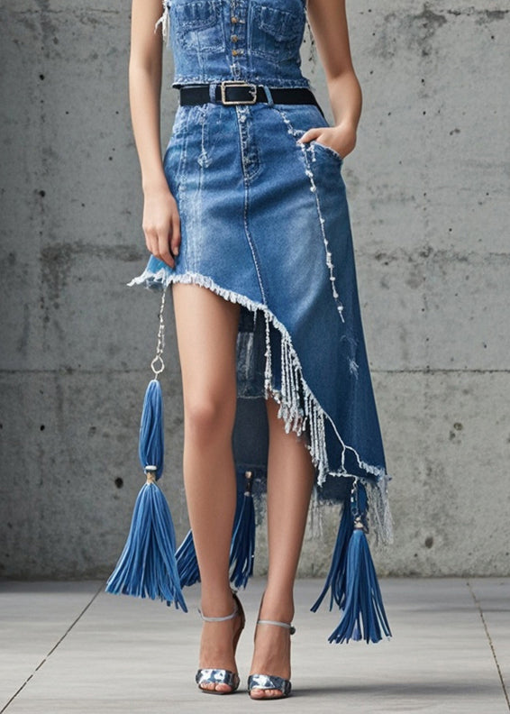 Beautiful Blue Asymmetrical Tasseled Denim Skirts Spring