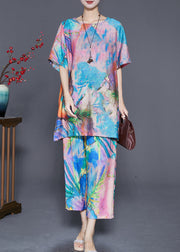 Beautiful Blue Butterfly Tie Dye Linen Silk Two Piece Set Outfits Summer