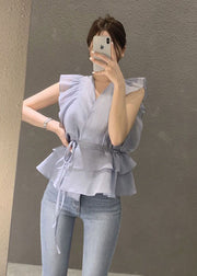 Beautiful Blue Cinched Ruffles Shirts Sleeveless