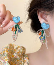 Beautiful Blue Copper Crystal Beading Love Tassel Drop Earrings