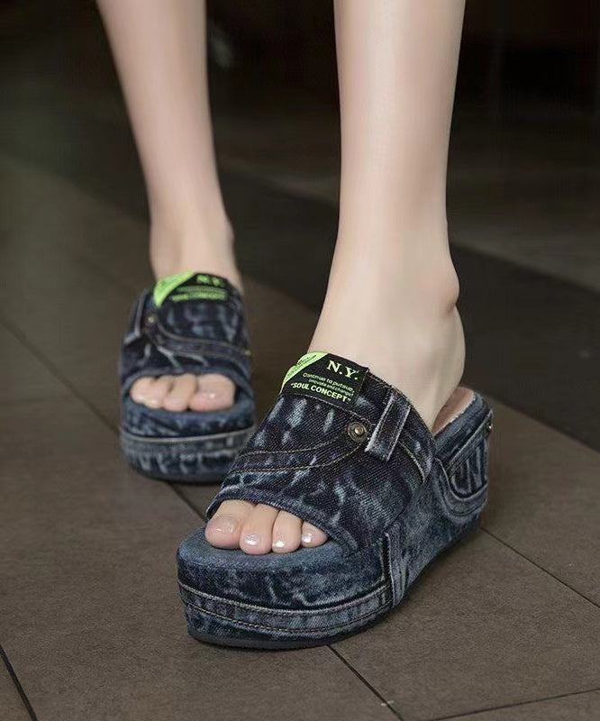 Beautiful Blue Denim Wedge Slide Sandals Peep Toe